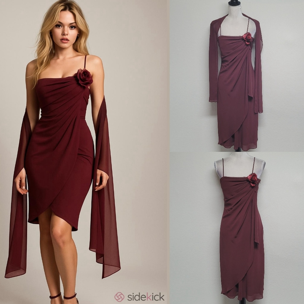 Eureka Vintage 90s Burgundy Chiffon Rose Applique Draped Faux Wrap Midi Dress M